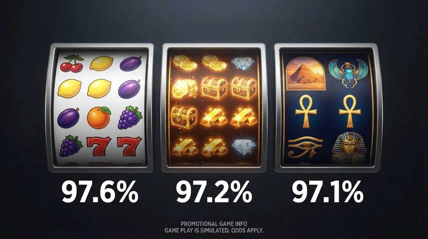 Three 1spin4win slot reels in a row showing different themes — classic fruit, Hold and Win gold symbols and an Egyptian-themed title — with RTP percentages overlaid