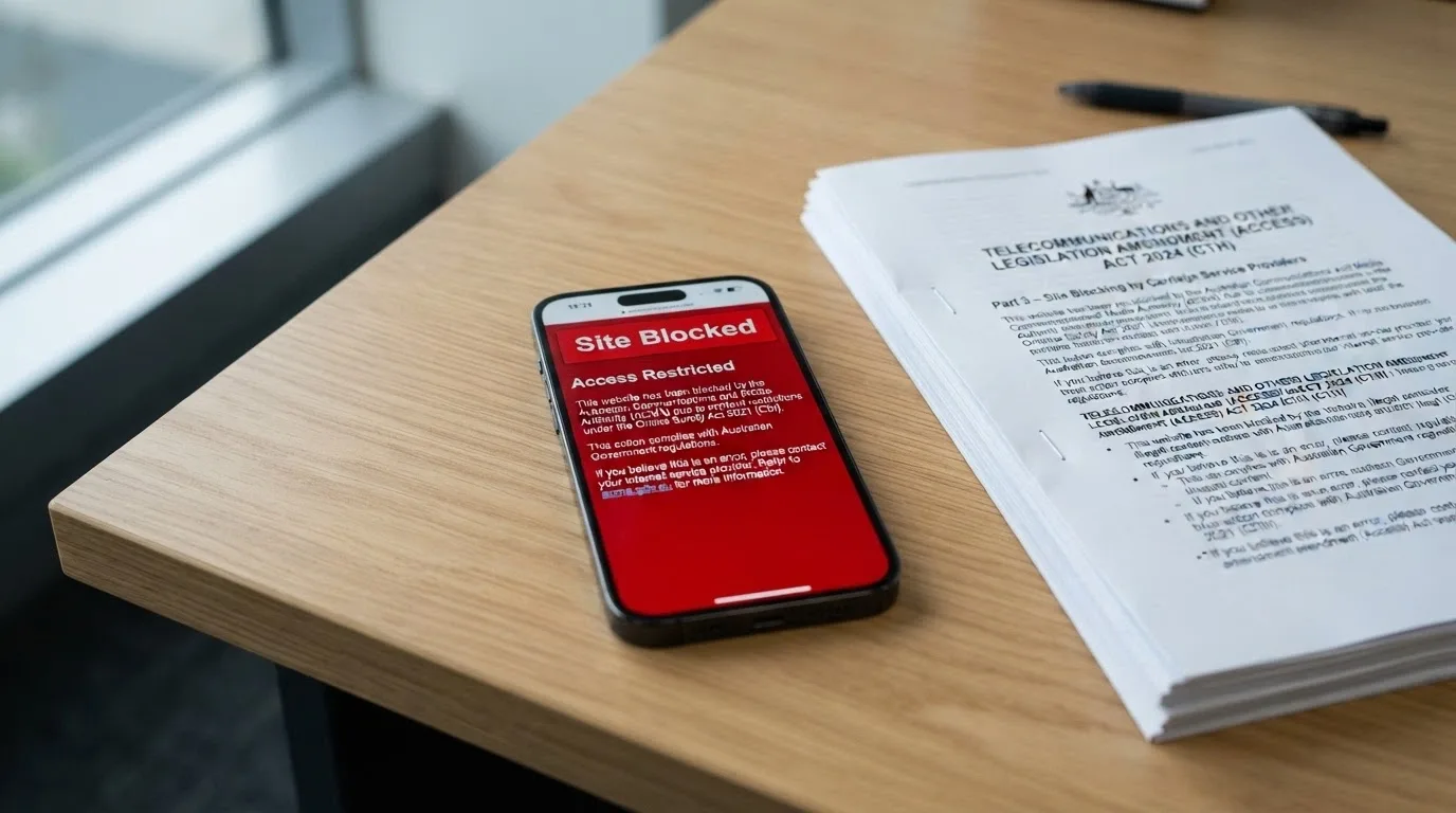 A smartphone displaying an ACMA blocked-site warning page beside a stack of Australian legislation documents