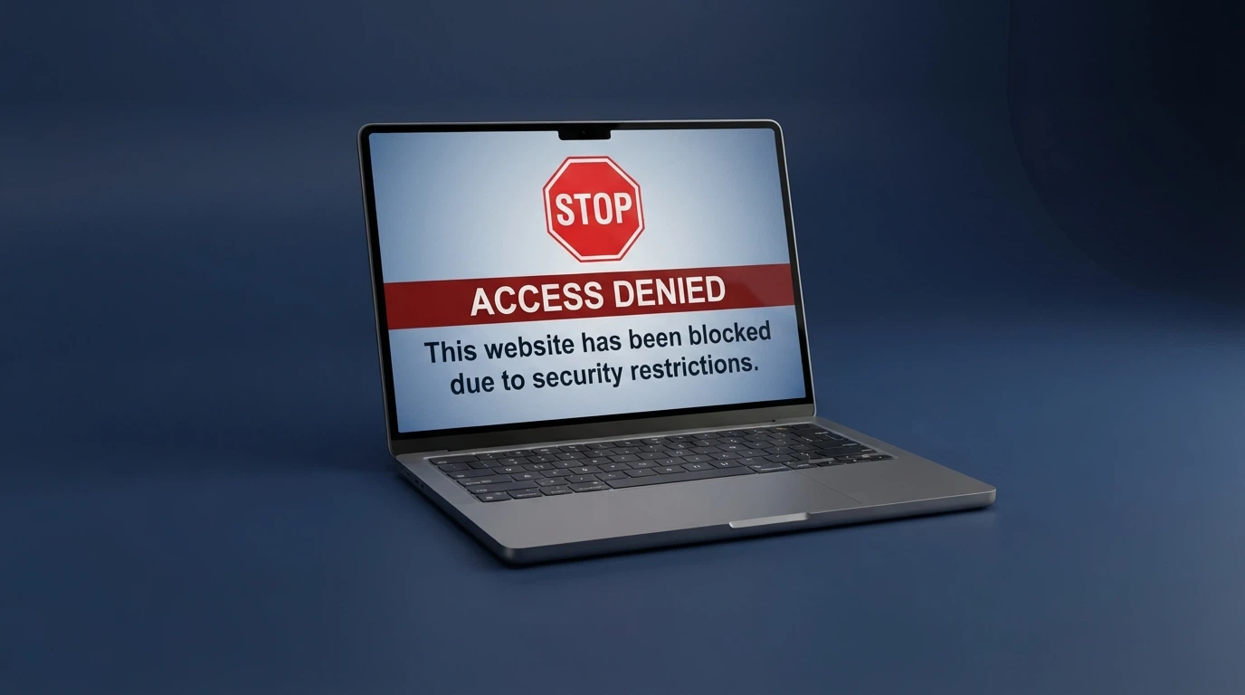 A browser window showing a blocked-website notice with a stop sign