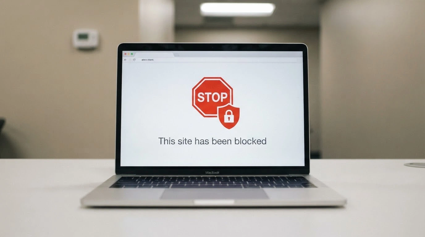 A stylised representation of a browser window showing an ACMA blocked-site notice with the stop-sign or shield icon