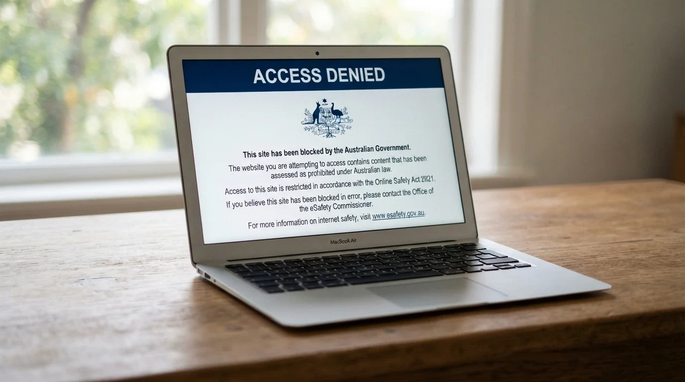 A web browser window displaying an ACMA blocked-site notice on a laptop screen, with the Australian Commonwealth coat of arms visible above the notice text