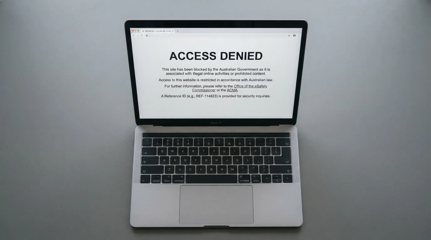A browser window showing an ACMA-blocked-site notice — the standard screen an Australian internet user sees when trying to access a blocked illegal gambling site