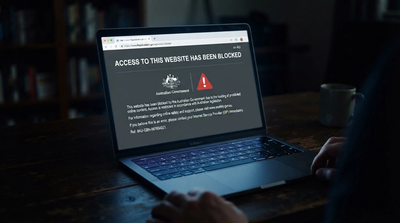 A web browser showing the ACMA blocking notice for an illegal gambling website