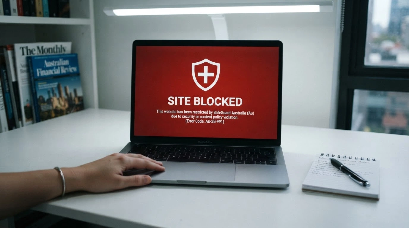 The ACMA logo on a screen beside a warning notice listing blocked gambling websites