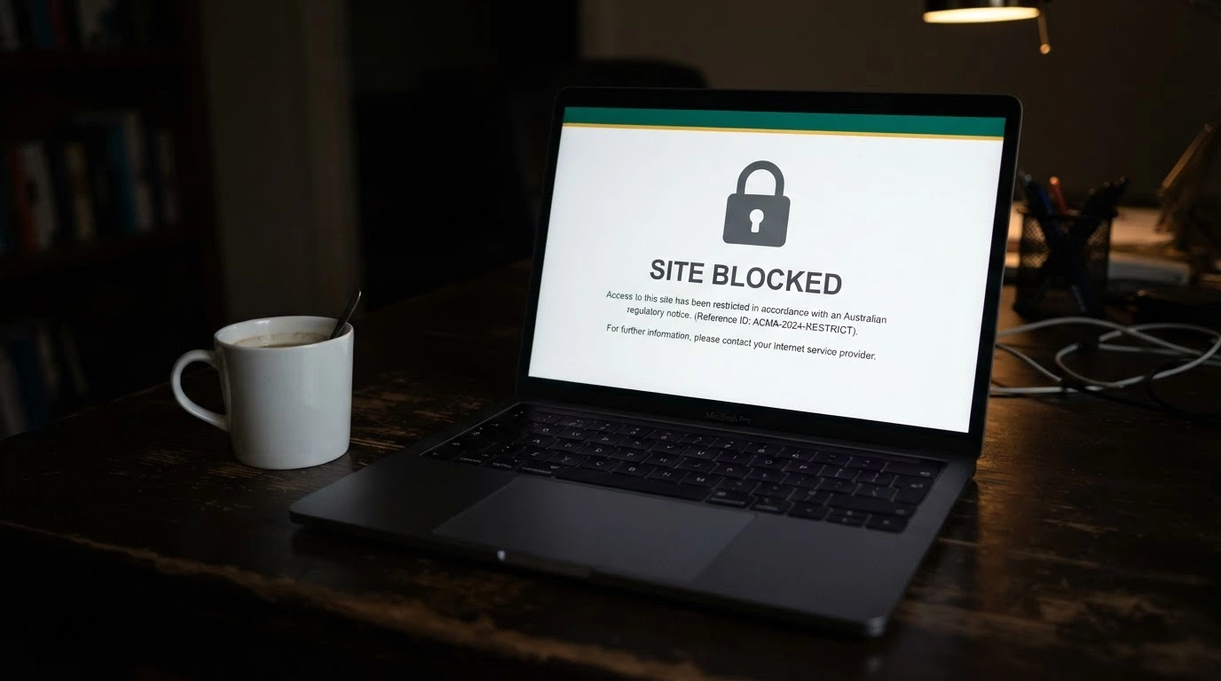 An Australian government-styled warning screen with a padlock icon and text referencing the ACMA site-blocking regime