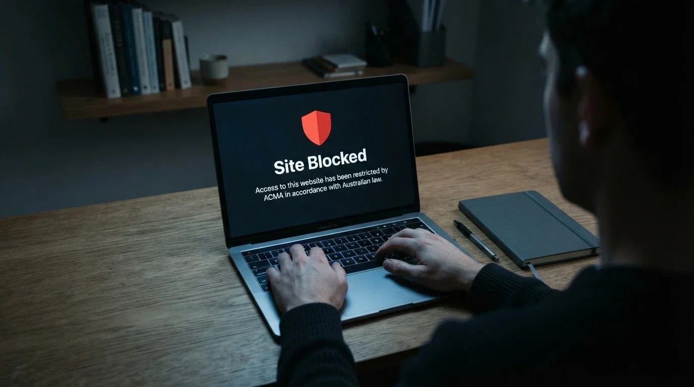 An ACMA website-blocking notice displayed on a screen, with the ACMA logo visible
