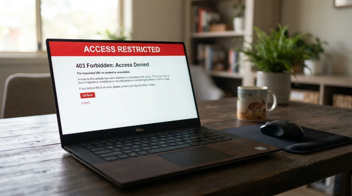 A browser window displaying an ACMA “site blocked” notice — the Australian coat of arms, a warning that the site is an illegal gambling service, and the ACMA logo