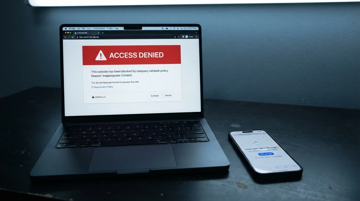 A government-style warning screen on a laptop — the ACMA logo visible, text about illegal gambling services blocked, with a smartphone beside it showing a casino site that will not load