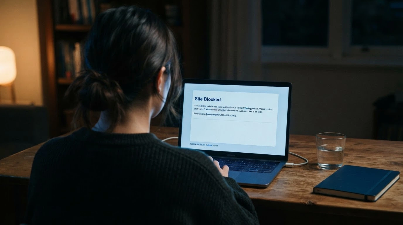 A browser window displaying an ACMA site-blocking notice with the Australian Government crest