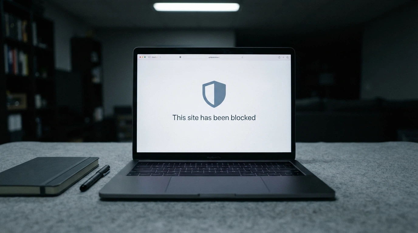 A stylised representation of an ISP block page — a browser window displaying a notice that the site is inaccessible under Australian law