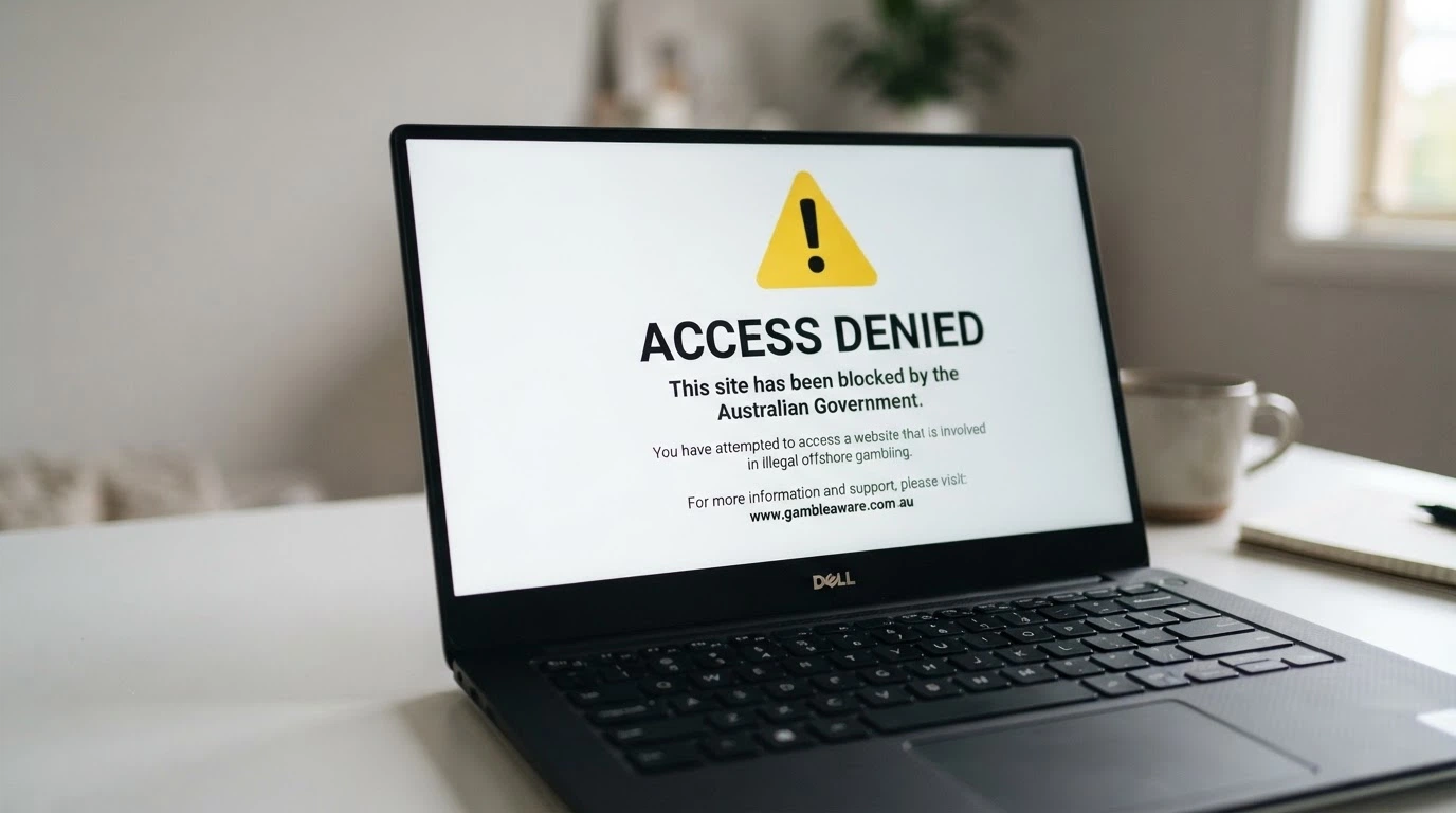 A browser window displaying the ACMA website-blocking notice — the black-and-yellow page an Australian ISP serves when a gambling site has been blocked — on a laptop screen