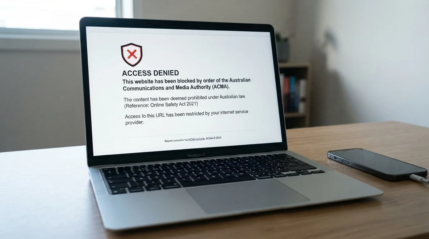 A laptop or tablet screen showing the ACMA website-blocking notification that Australian ISPs serve for blocked gambling sites