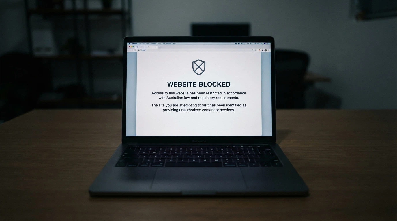 A browser window displaying an ACMA site-blocking notice — the screen Australians see when an illegal gambling site has been blocked