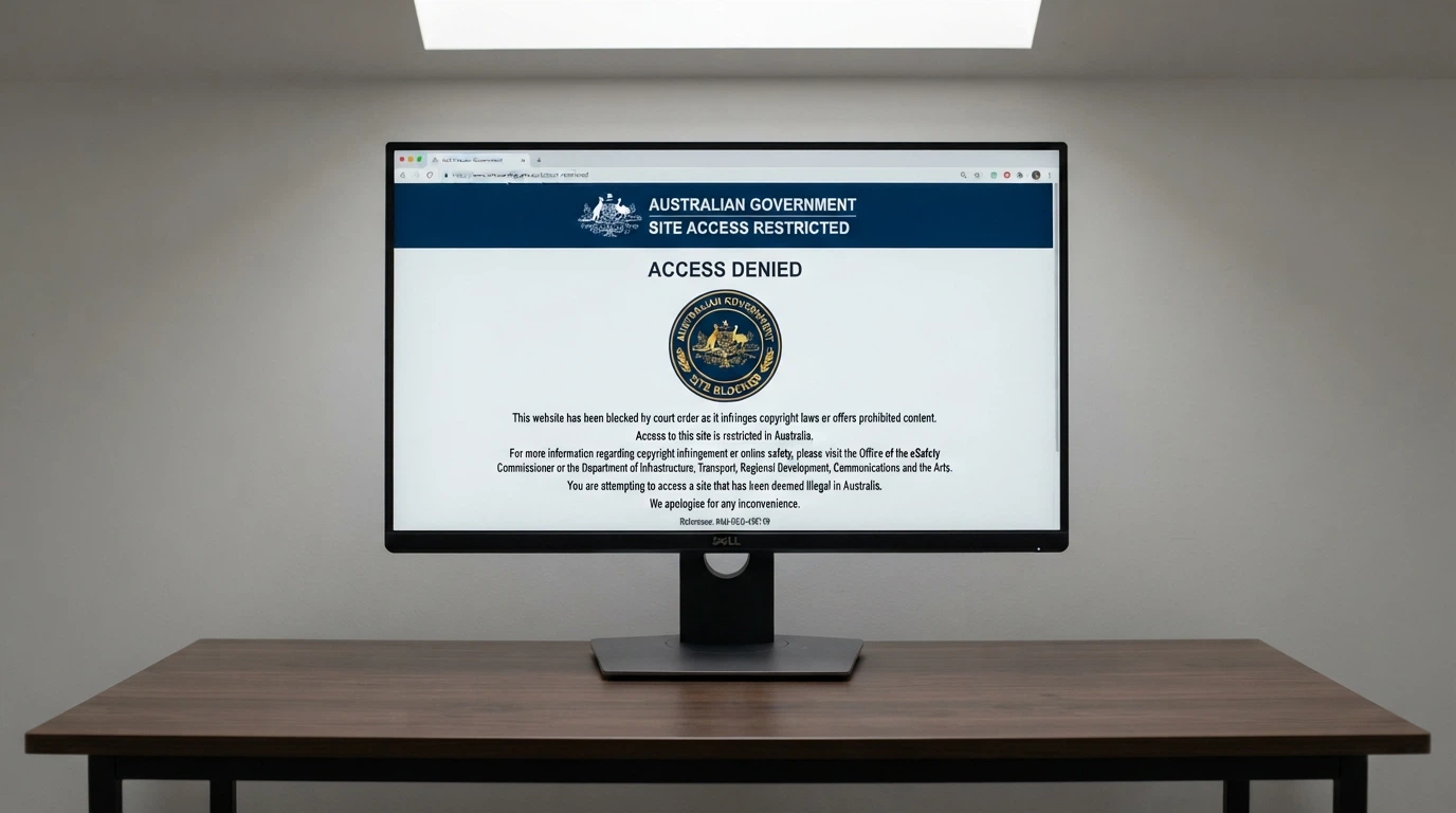 A browser window displaying an ACMA site-blocking notice — the official screen an Australian internet user sees when an illegal gambling site has been blocked