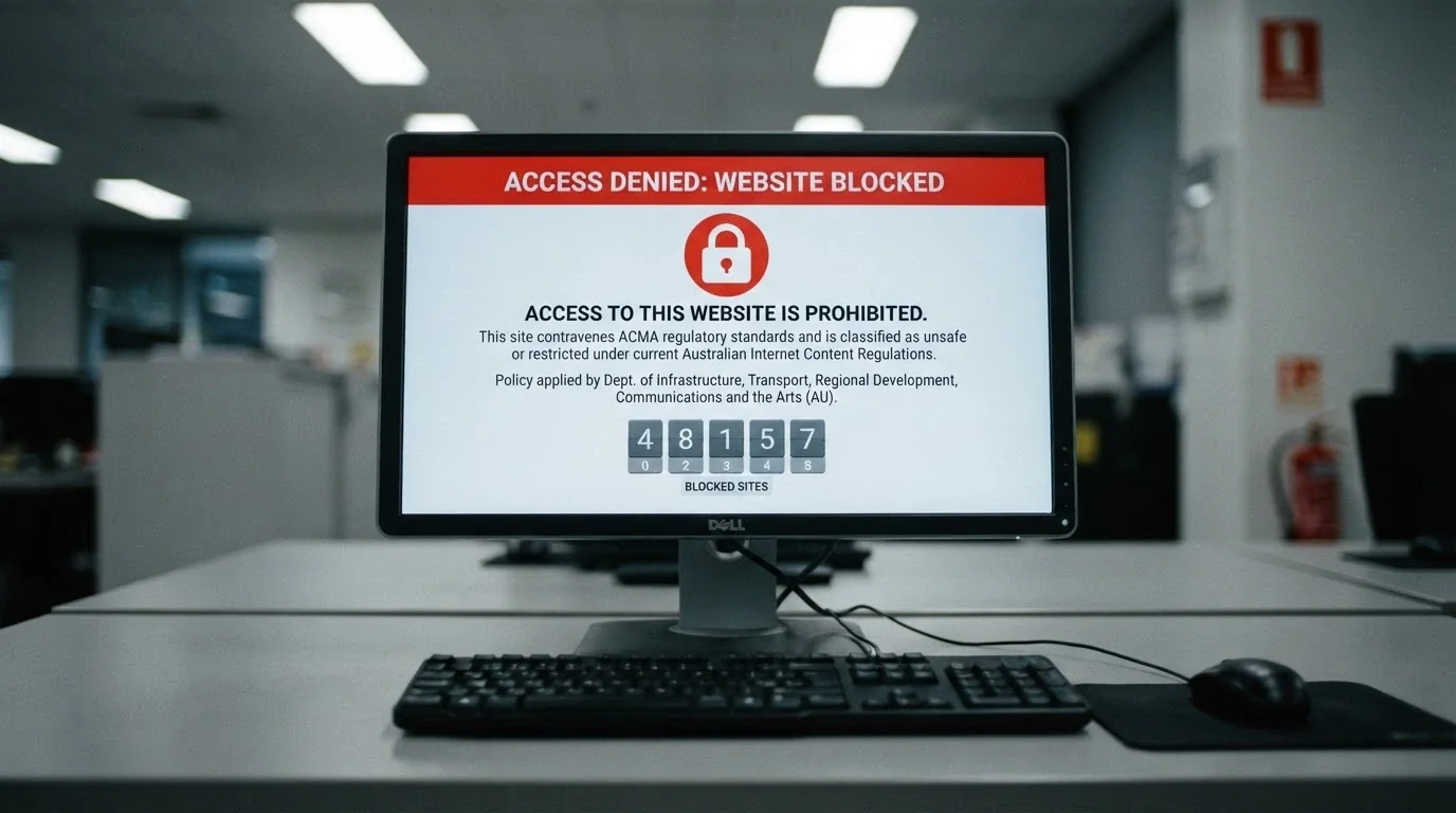A desktop screen showing an ACMA-branded site-blocked notice, with a row of blocked-website counters beneath it