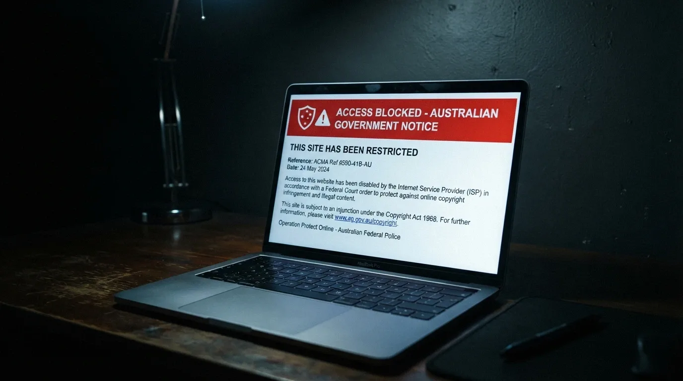 A browser window displaying an ACMA blocking notice — the screen an Australian sees when an ISP blocks an illegal gambling site