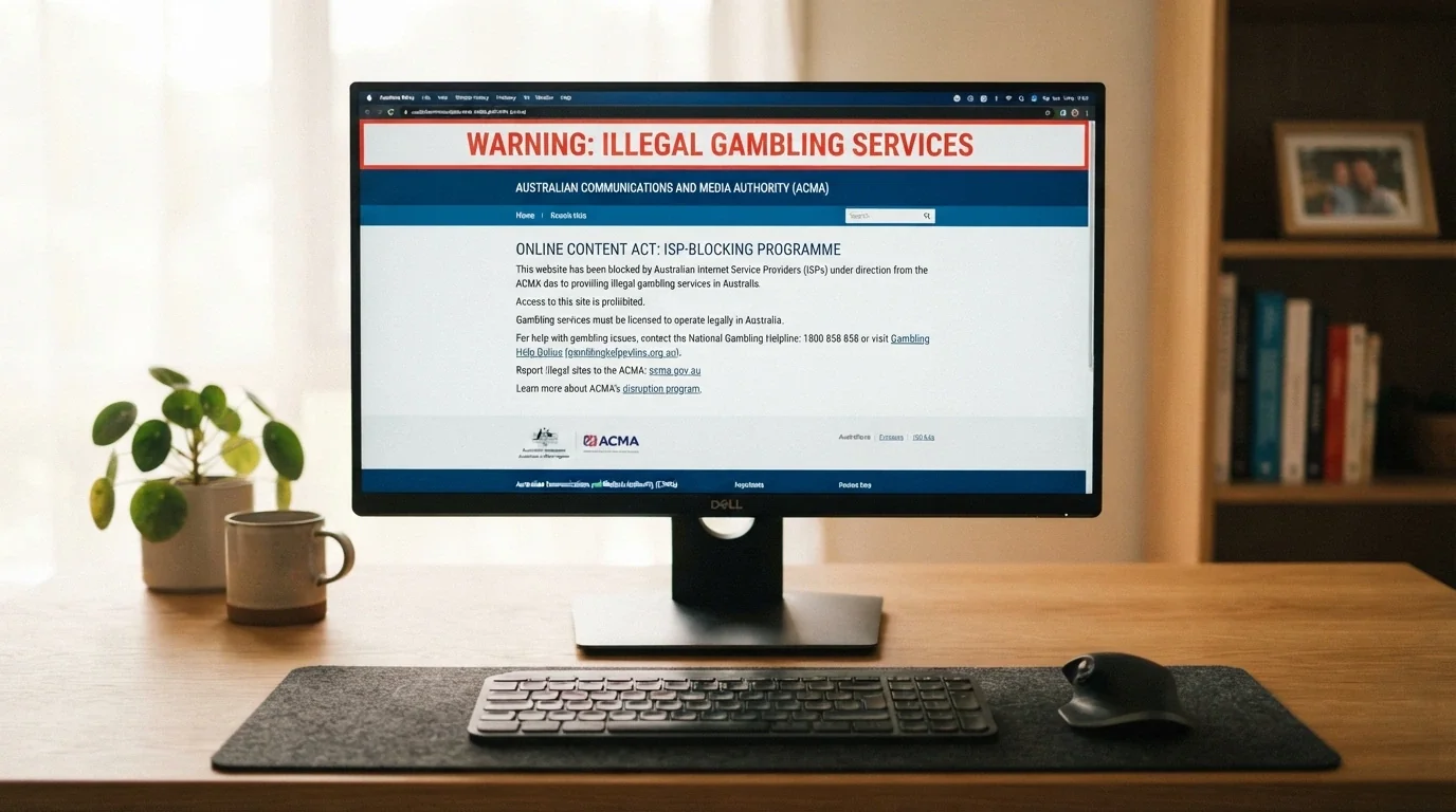 The ACMA website homepage displaying its illegal gambling services warning and ISP-blocking programme information on a desktop screen