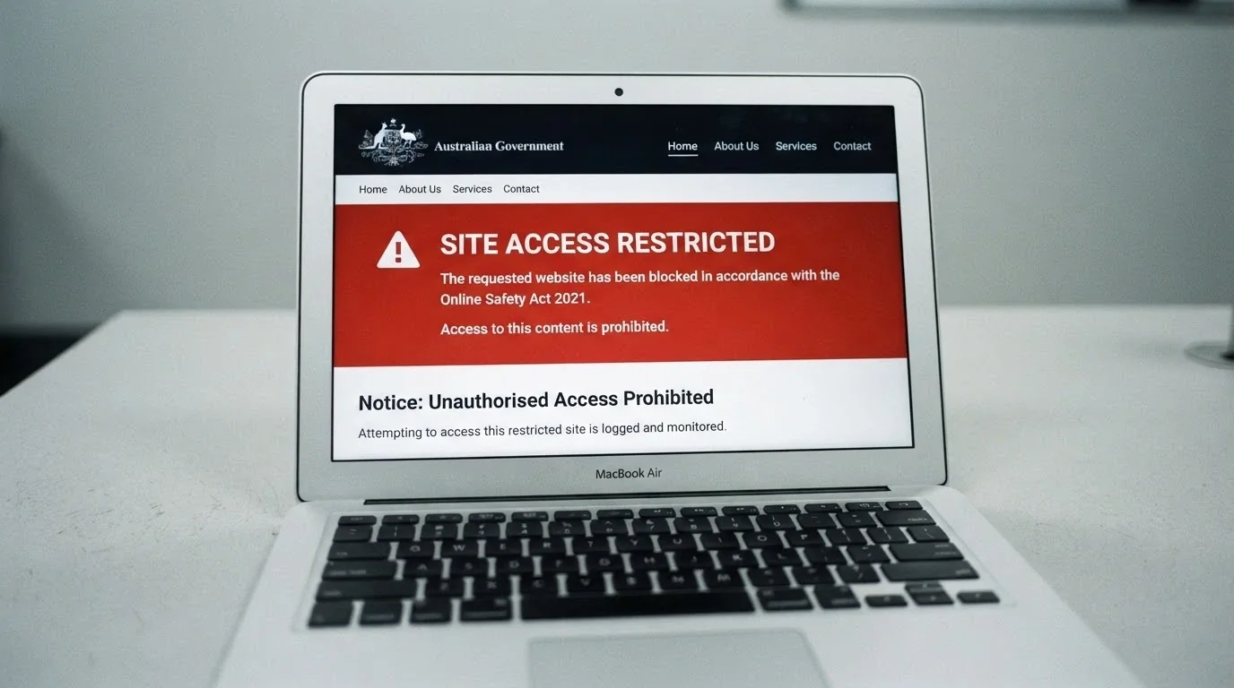 The ACMA website homepage with a blocked-site notice visible on screen and an Australian government crest in the header