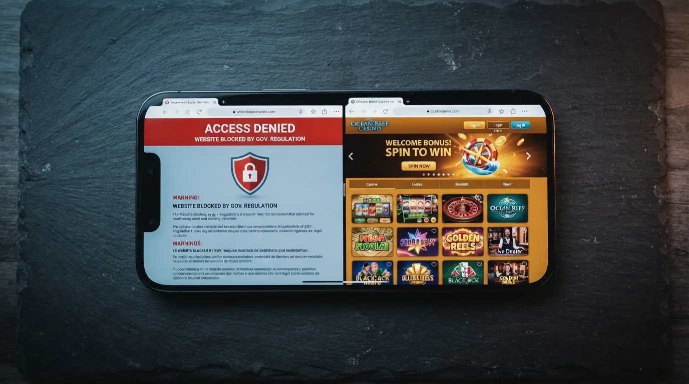 A smartphone displaying the ACMA website blocking-notice page beside an offshore casino site that is still accessible