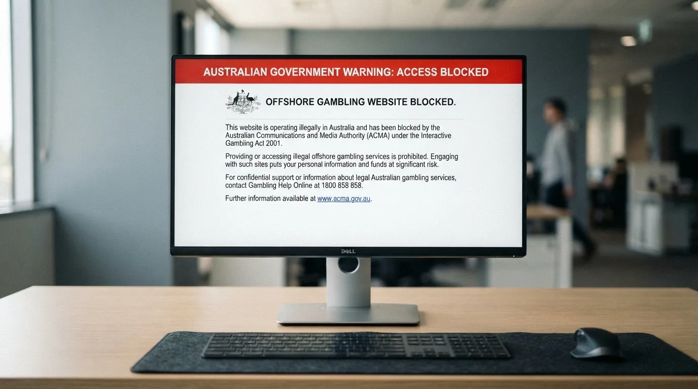 A computer monitor showing an Australian government warning page about illegal offshore gambling websites, with the ACMA logo visible