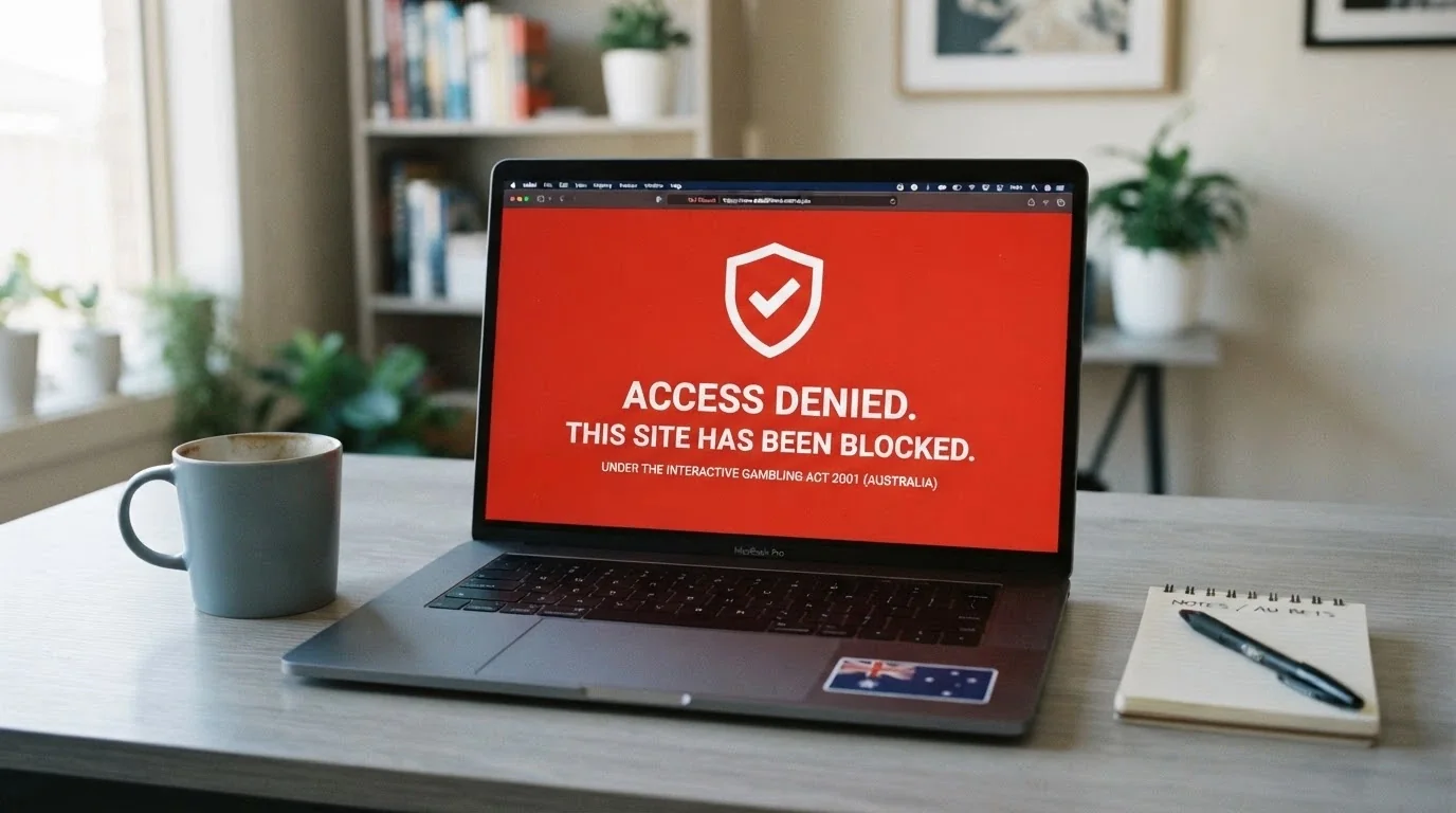 A stylised browser window showing an ISP-level block screen with ACMA branding and the words “This site has been blocked under Australian law”