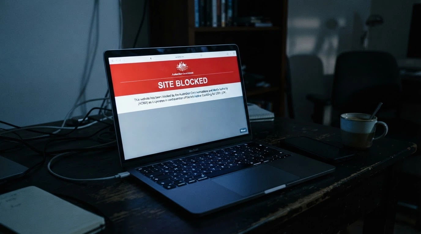 A laptop screen showing an ACMA blocking notice overlaid on a casino homepage, with a blocked-site count