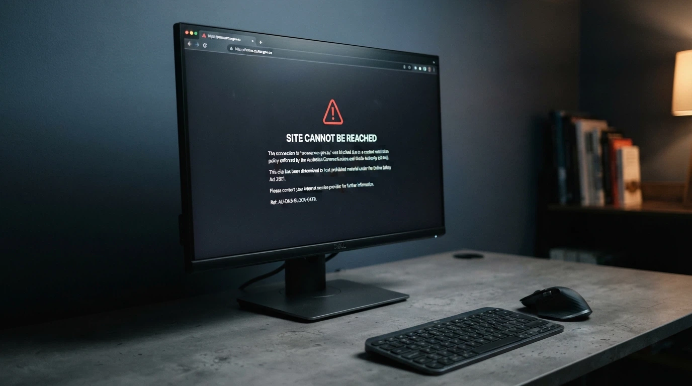 A web browser displaying the ACMA blocking notice screen on a desktop monitor, with the ACMA logo visible and Australian government branding