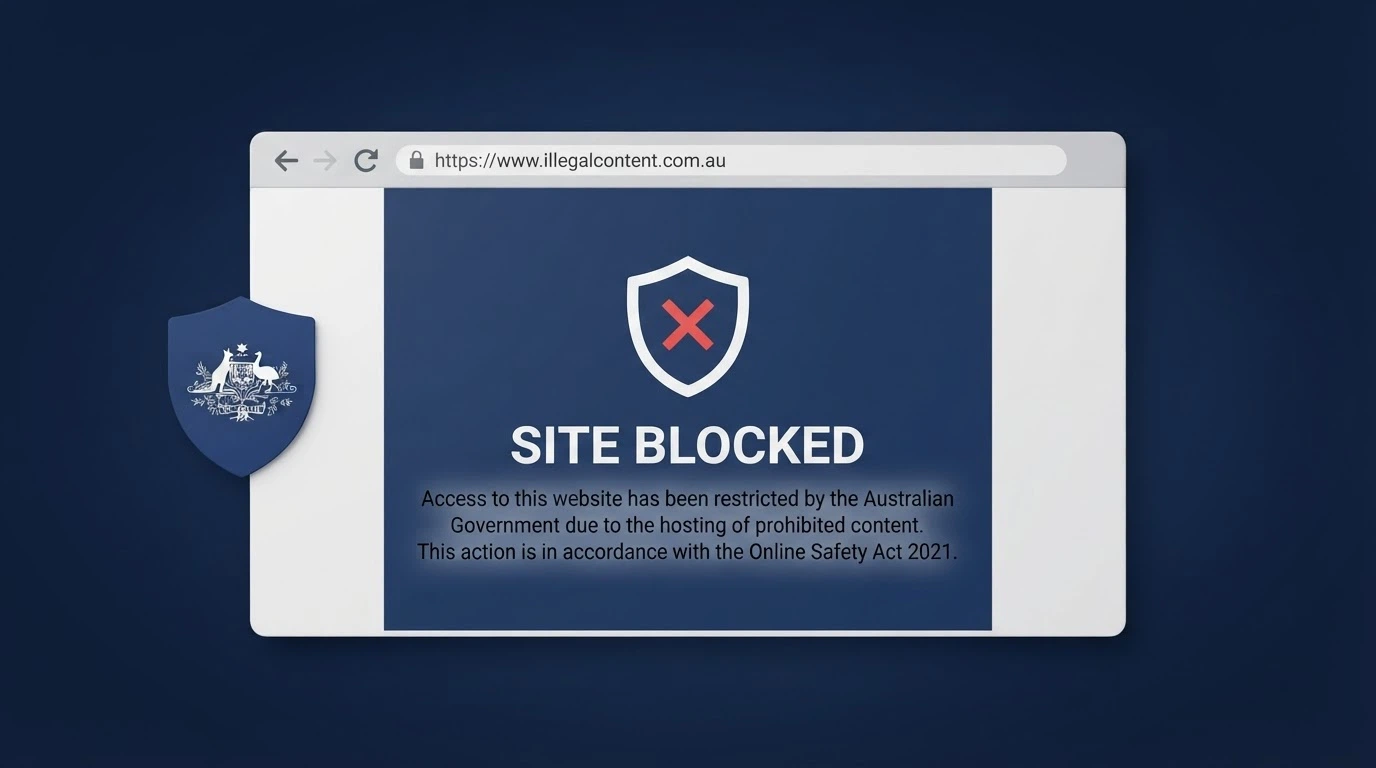 ACMA logo beside a stylised browser window displaying a site-blocked notice with Australian Government branding