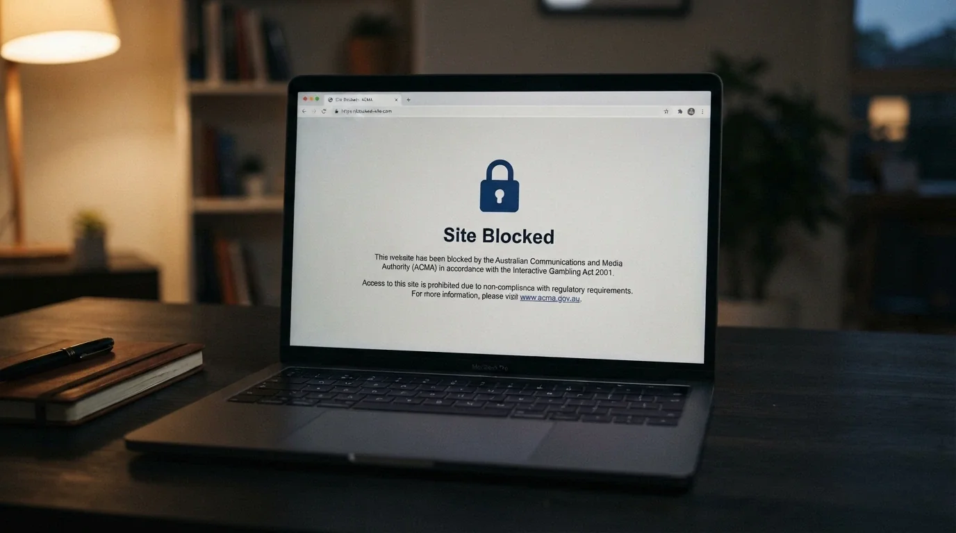A stylised depiction of an ACMA site-blocking notice — a browser window displaying an official-looking landing page with a padlock icon and text referencing the Interactive Gambling Act 2001