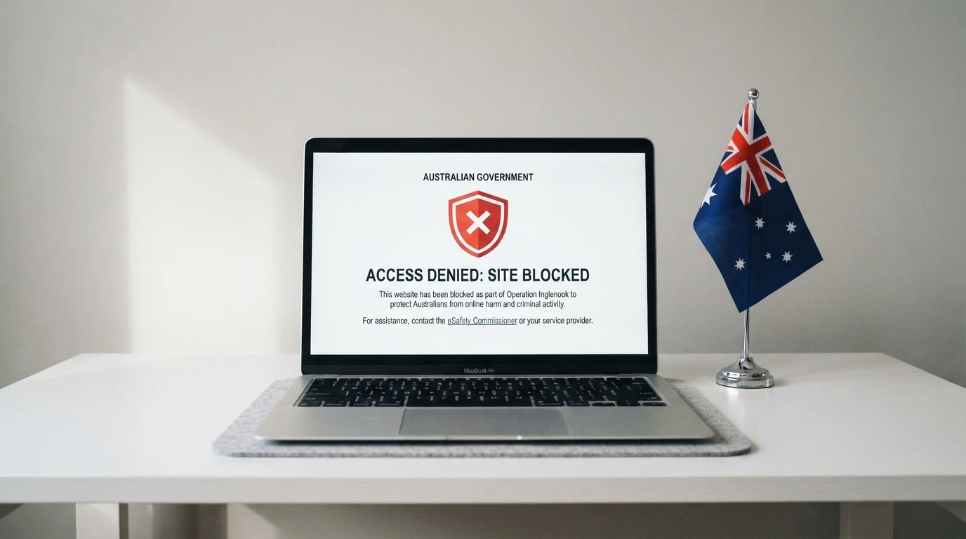 An ACMA website-blocking notice displayed on a laptop screen beside an Australian flag