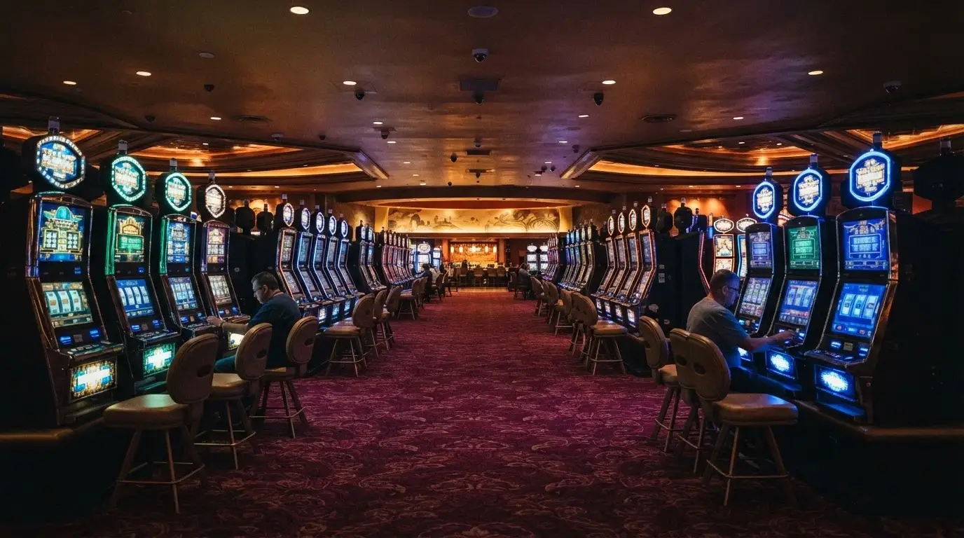 The gaming floor at SkyCity Adelaide showing rows of electronic gaming machines and pokies under ceiling lights