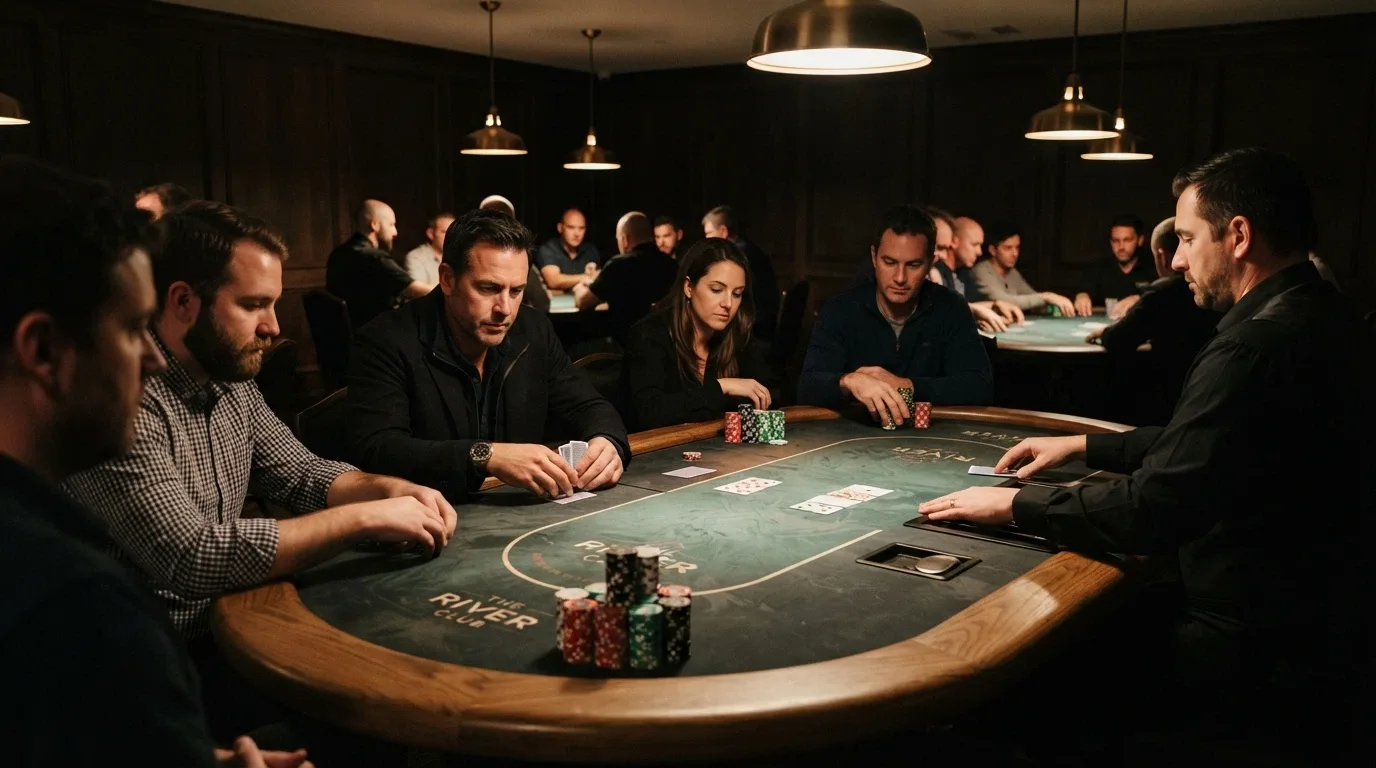 Poker tables with players seated at a tournament inside SkyCity Adelaide's dedicated poker room