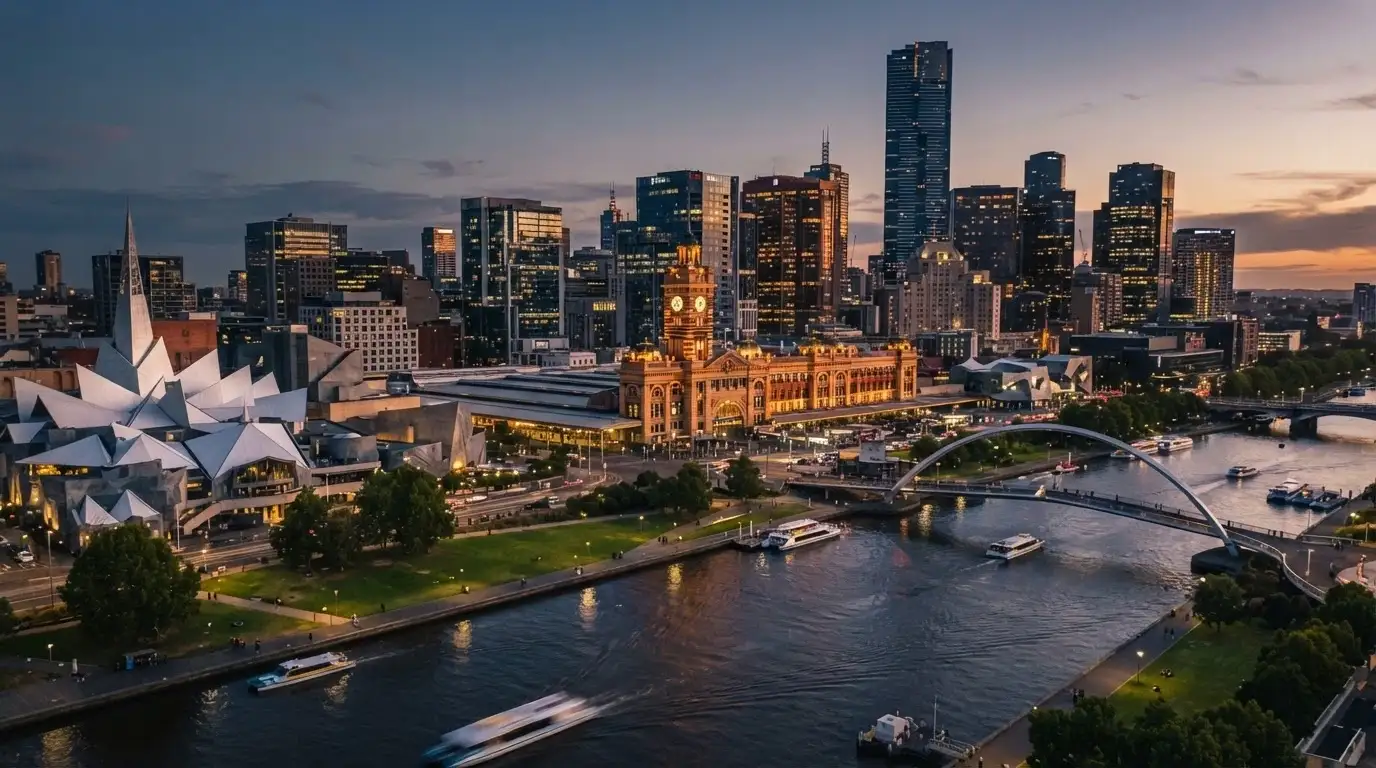 Aerial view of the Riverbank Precinct showing SkyCity Adelaide beside the River Torrens and Adelaide Festival Centre