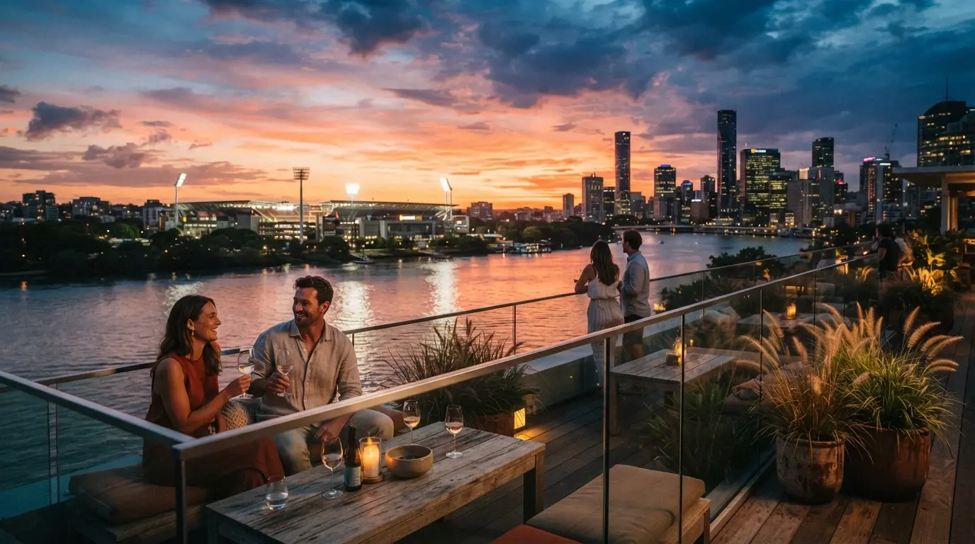 The rooftop bar at SkyCity Adelaide with outdoor seating and views over the River Torrens and city skyline