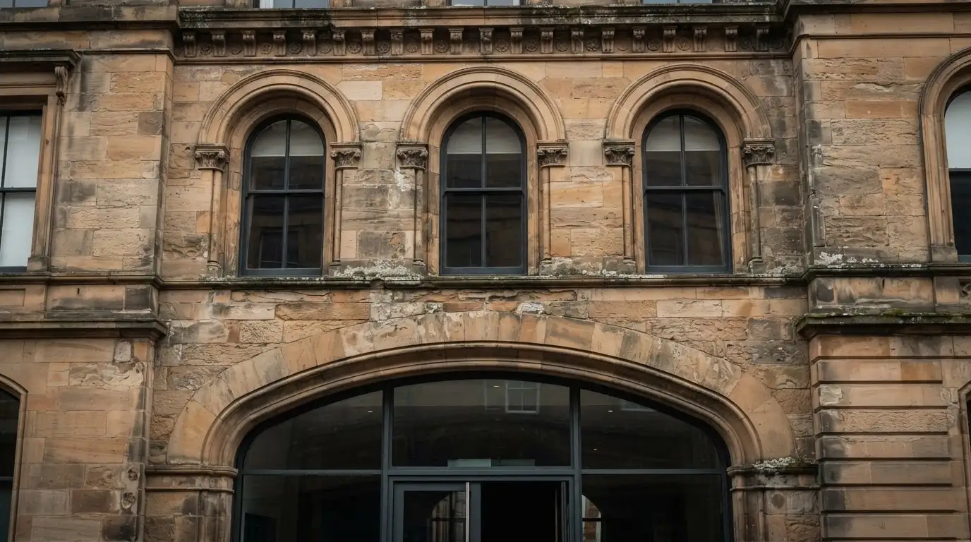 Historic stone façade and arched windows of the former Adelaide railway station, now the casino entrance