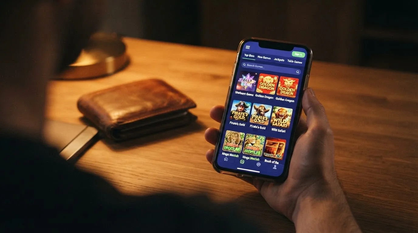 A phone held in one hand showing a pokies lobby, with the other hand visible near a wallet or payment card, the moment of decision