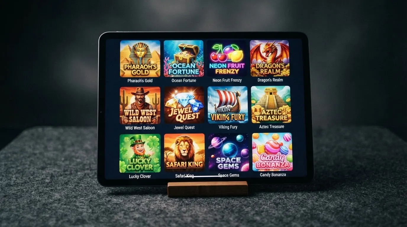 A grid or carousel view of several pokie-game thumbnails on an Android screen, showing different themes and styles