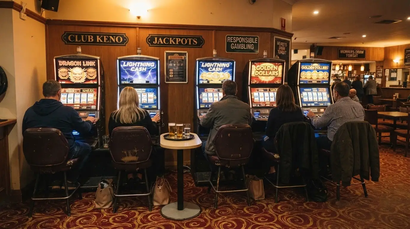 Row of physical pokie machines inside an Australian RSL club, screens lit, chairs occupied, warm interior lighting
