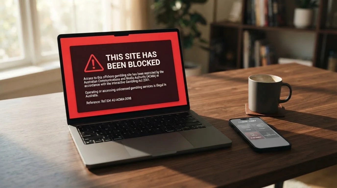 A gavel on a document marked “Interactive Gambling Act 2001” beside a laptop showing a blocked-website ACMA notice