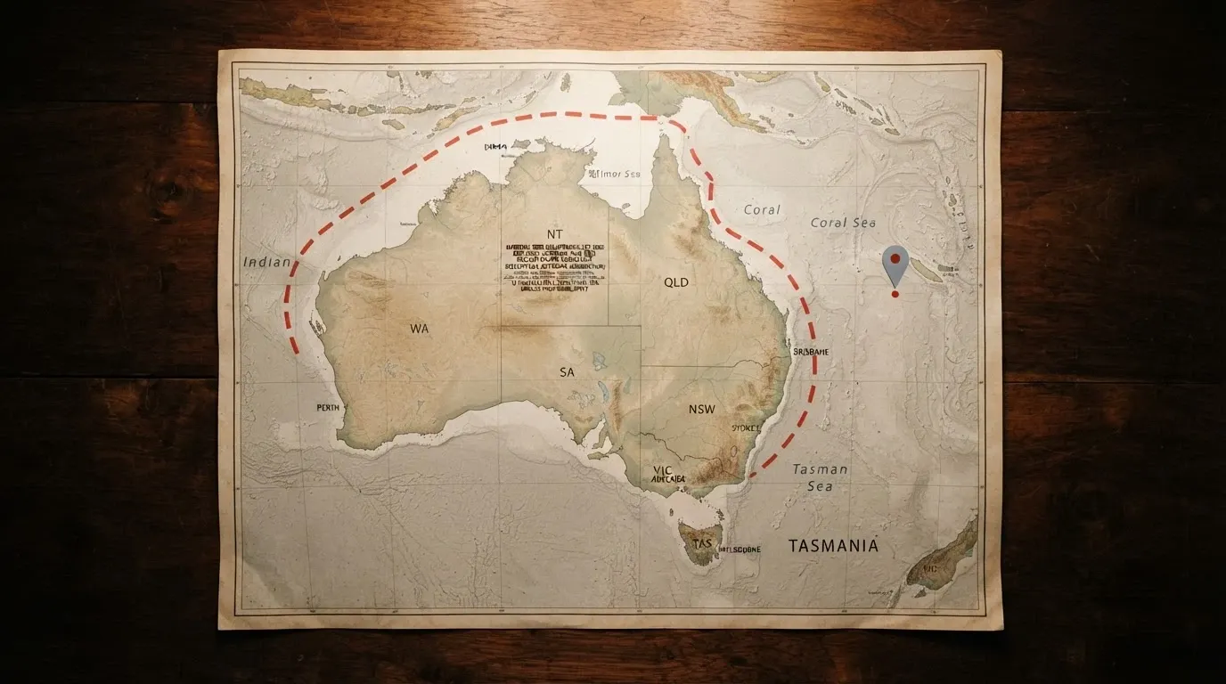 A stylised map of Australia with a dashed line separating the continent from an offshore marker, legal-text excerpts or ACMA branding visible on the Australian side
