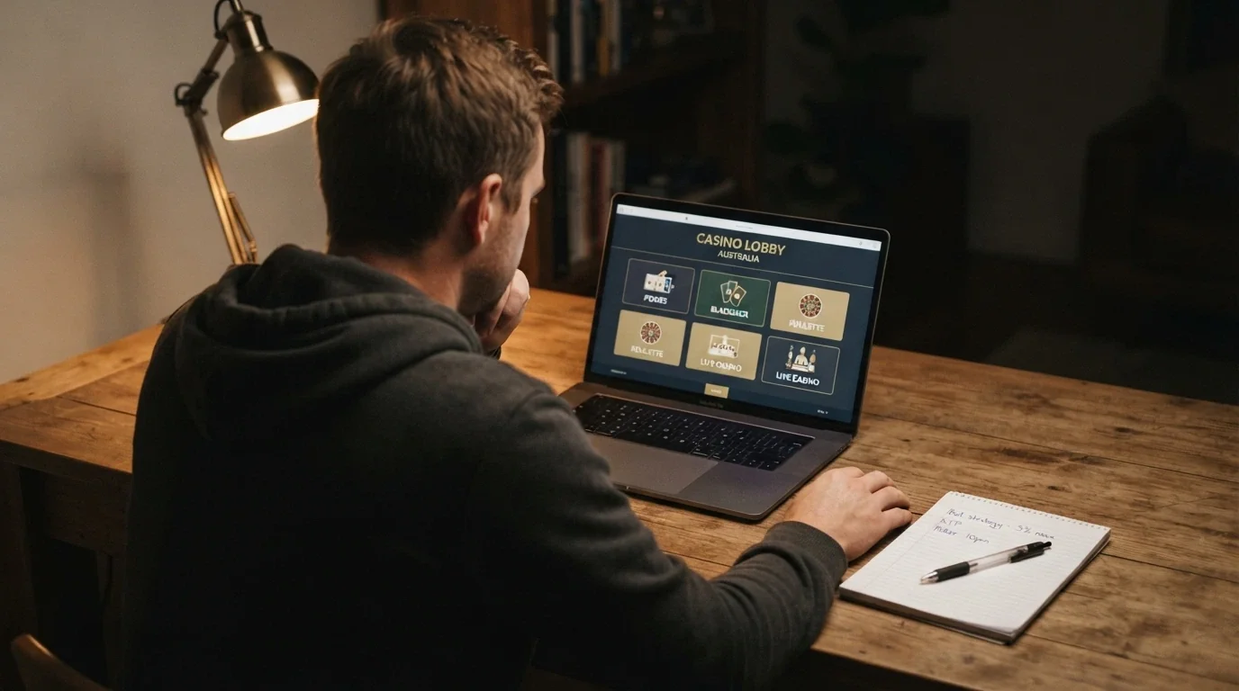 An Australian player looking at a laptop screen showing casino options, with a notepad and pen beside them — a considered decision, not an impulse click