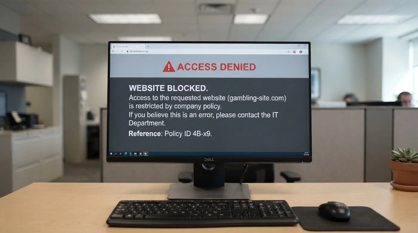 A blocked-website notice on a computer screen with a warning symbol