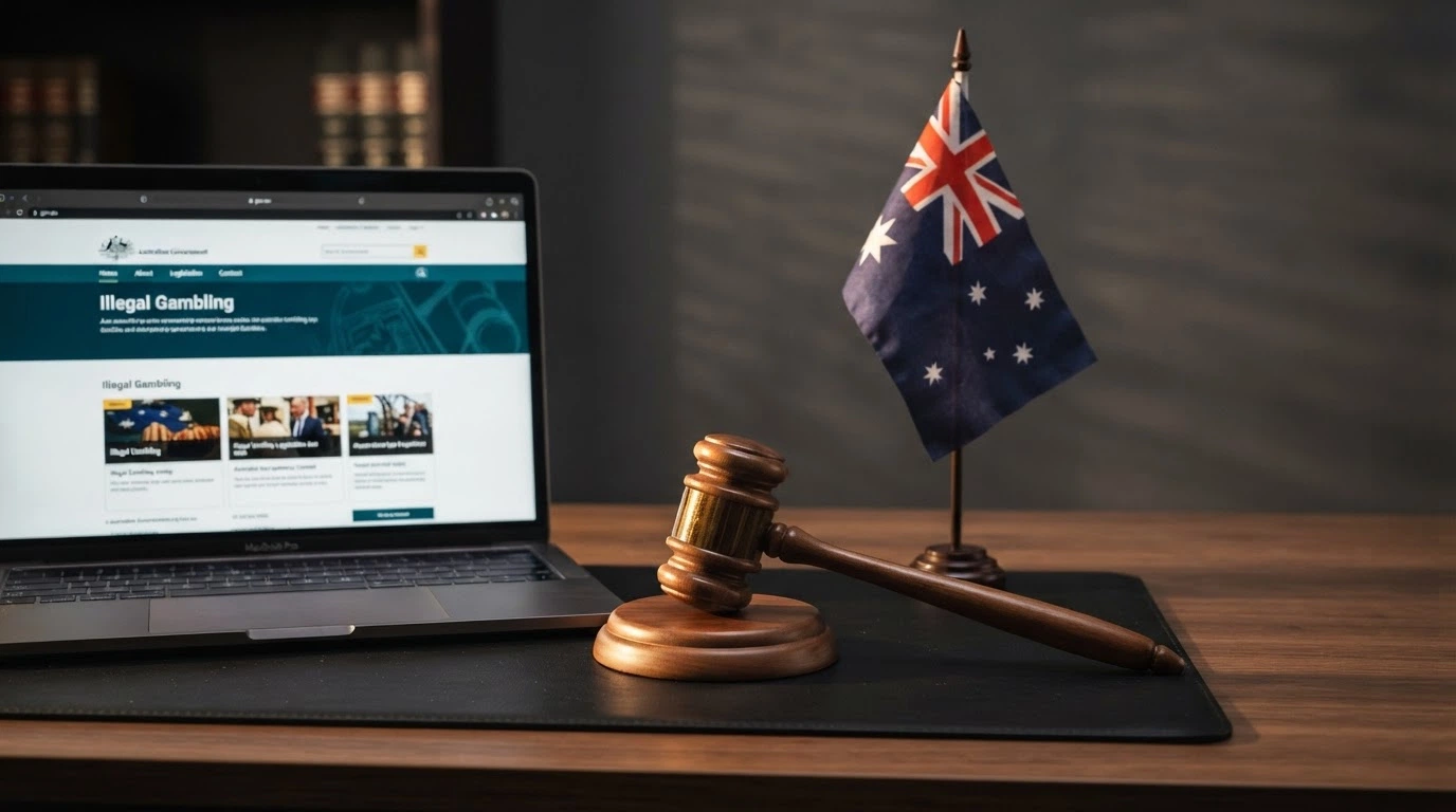 A gavel on a desk beside an Australian flag and a computer screen showing the ACMA website homepage with “Illegal Gambling” in the navigation bar highlighted