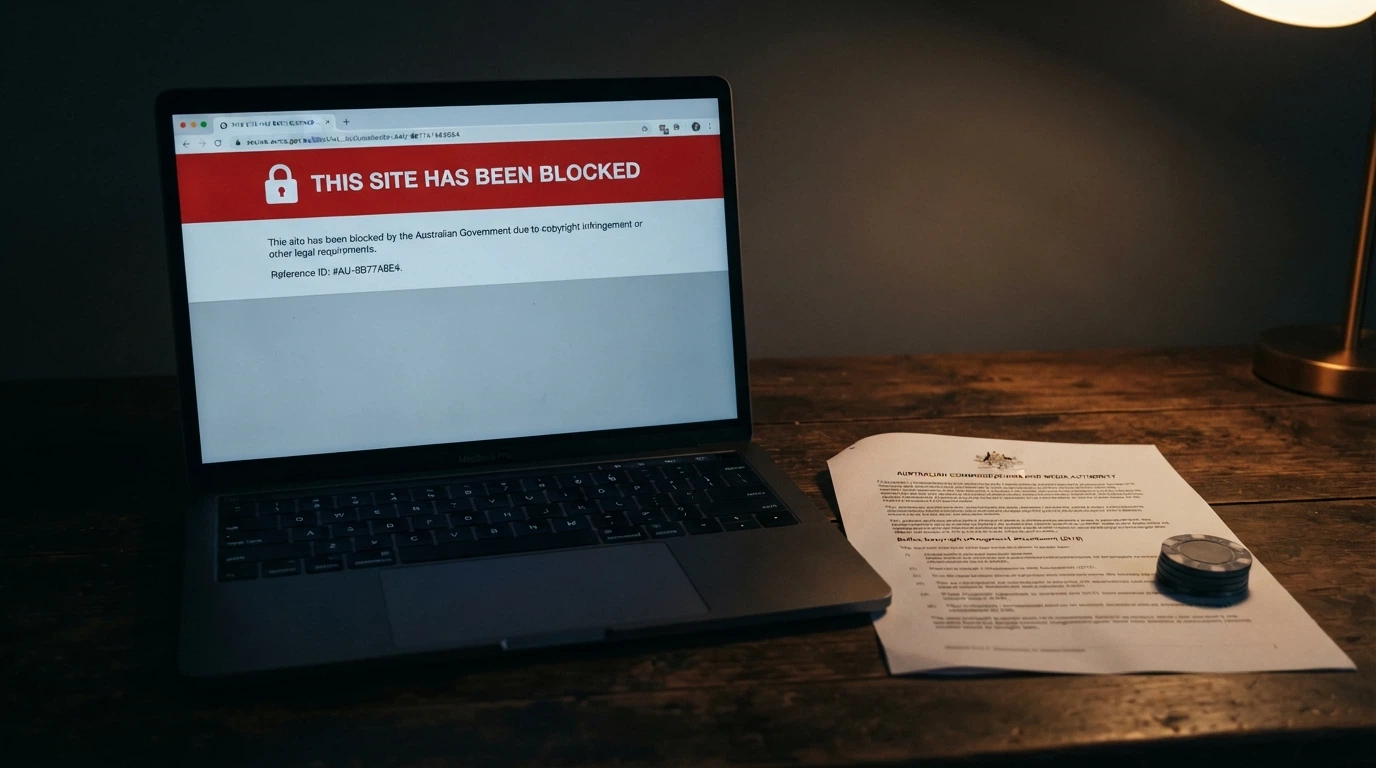 The ACMA logo on a government webpage beside a blocked-site notice displayed in a browser window, with the Interactive Gambling Act 2001 document title visible