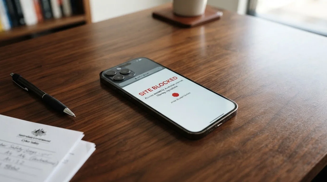 A smartphone displaying the ACMA website or an official government page about the Interactive Gambling Act, with the AU coat of arms visible