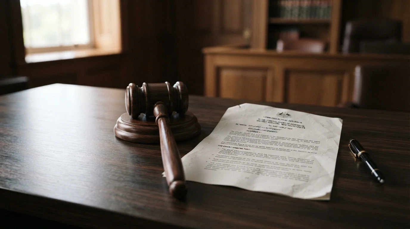 A gavel on a desk beside a printed document with the Commonwealth Coat of Arms visible, symbolising Australian federal legislation