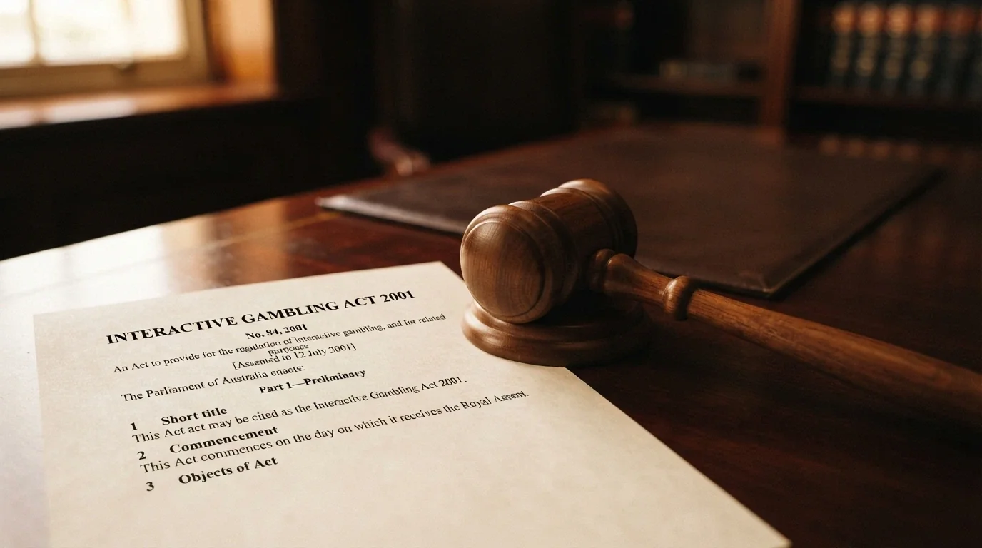 A gavel beside a document marked “Interactive Gambling Act 2001” with the ACMA logo visible