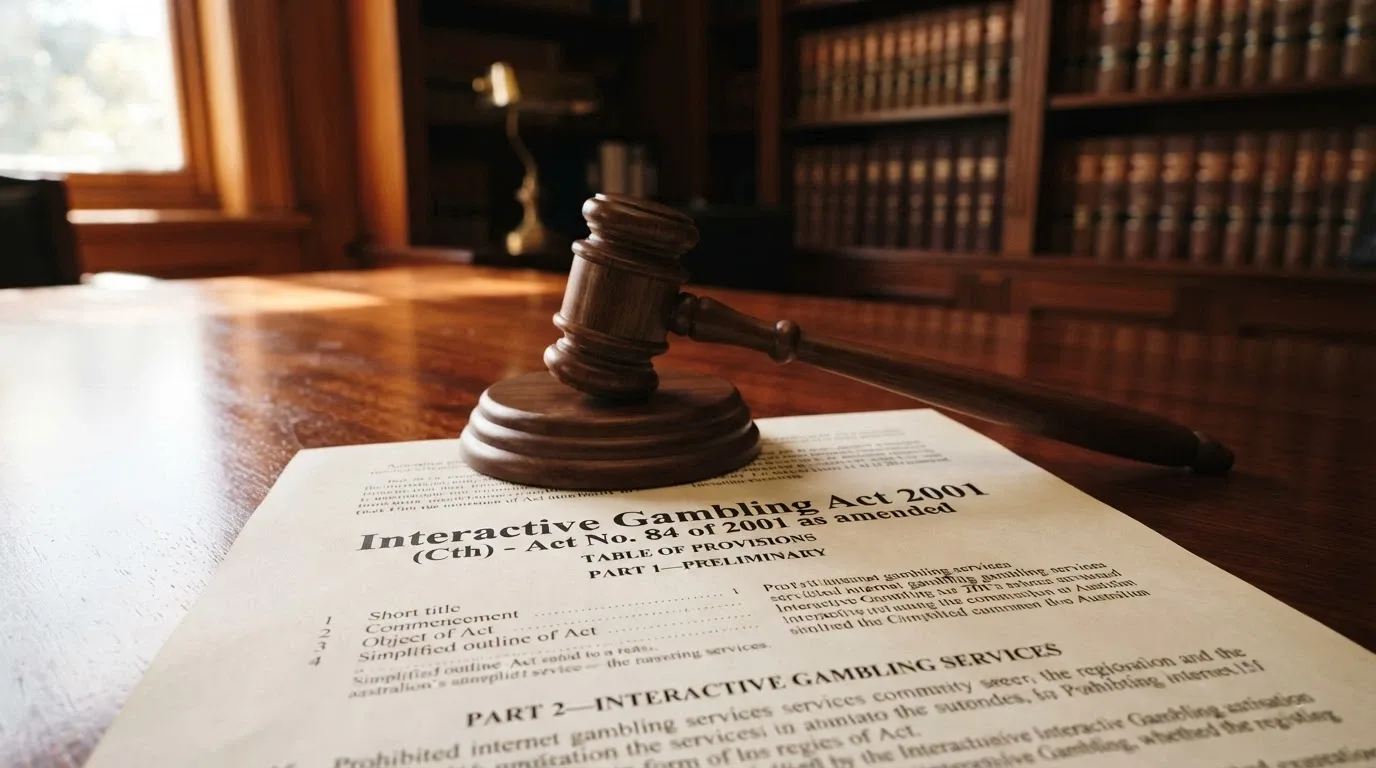 A gavel resting on a document titled “Interactive Gambling Act 2001” with the Australian coat of arms visible, on a wooden desk