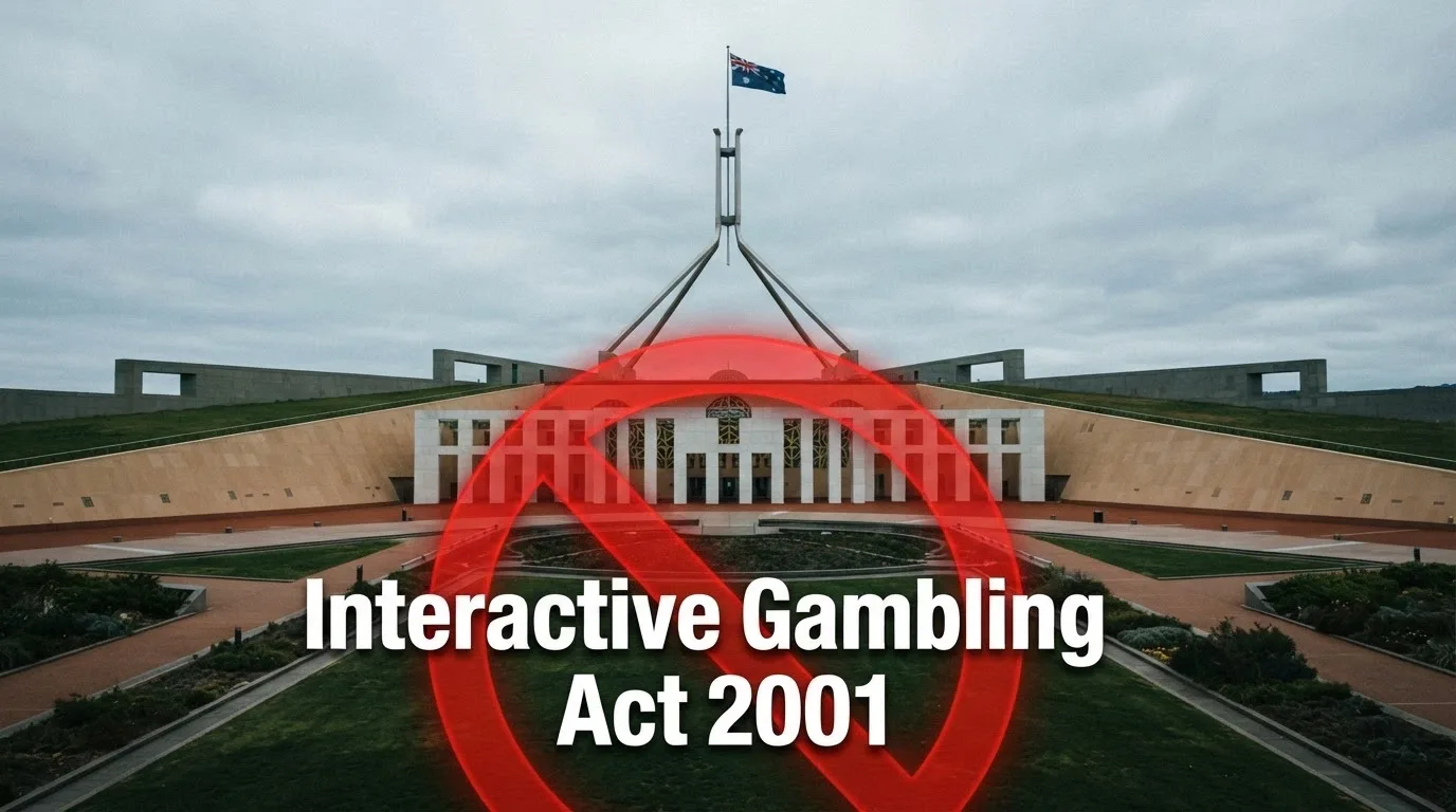 The Australian Parliament House in the background with a translucent red prohibition symbol overlaid and the text “Interactive Gambling Act 2001”