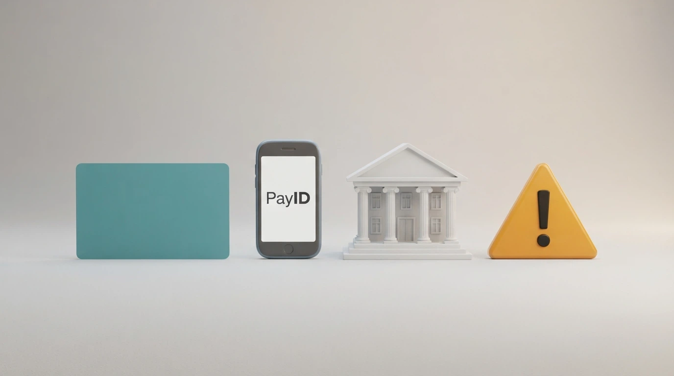 A selection of Australian payment method logos including PayID, debit card and bank transfer arranged beside a warning icon